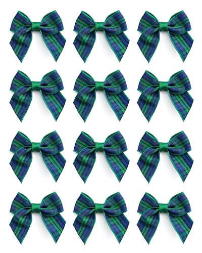 Italian Options Mini Tartan Ribbon Bows, Small Chequered Bow Decorations for Crafting, Gifts, Christmas Cards, Wreaths, Home Furnishings, Sewing, Hair Bows, Green/Blue, 12 Pack, 4 cm