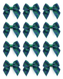 Italian Options Mini Tartan Ribbon Bows, Small Chequered Bow Decorations for Crafting, Gifts, Christmas Cards, Wreaths, Home Furnishings, Sewing, Hair Bows, Green/Blue, 12 Pack, 4 cm