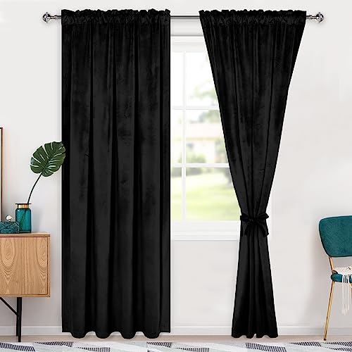 Hiasan Black Velvet Curtains 84 inches-Blackout Thermal Insulated Solid Soft Curtains for Bedroom Living Room Rod Pocket Room Darkening 2 Panels Window Drapes with Tiebacks, 52W x 84L