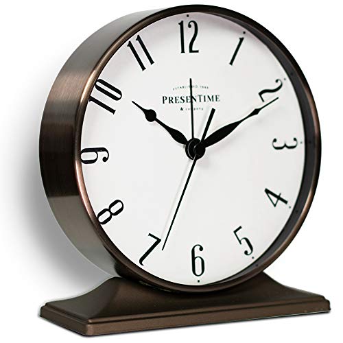 PRESENTIME & Co Lewis Mantel Alarm Clock, Desk and Shelf Clock, Tabletop Decoration, 5.5 x 5 inch, Silent no Ticking, Metal Base, Bronze Finish, Arabic Numeral
