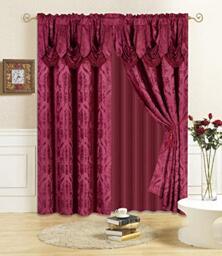 "All American Collection New 4 Piece Drape Set with Attached Valance and Sheer with 2 Tie Backs Included (96"" Length, Burgundy)"