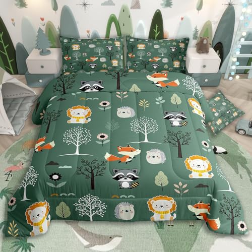 jejeloiu Nature Theme Bedding Set Twin Size Funny Cartoon Animal Duvet Set for Boys Girls Teens Trees and Flowers Comforter Breathable Soft Lightweight Microfiber Cute Animals Room Decor Duvet Quilt