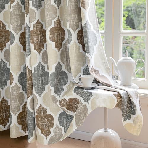 Beauoop Moroccan 100% Blackout Curtains Bedroom Brown Grey 50x90 2 Panels - Geometric Room Darkening Drapes for Living Room 90 Inch Long Thermal Insulated Soundproof Lattice Window Treatment Grommet
