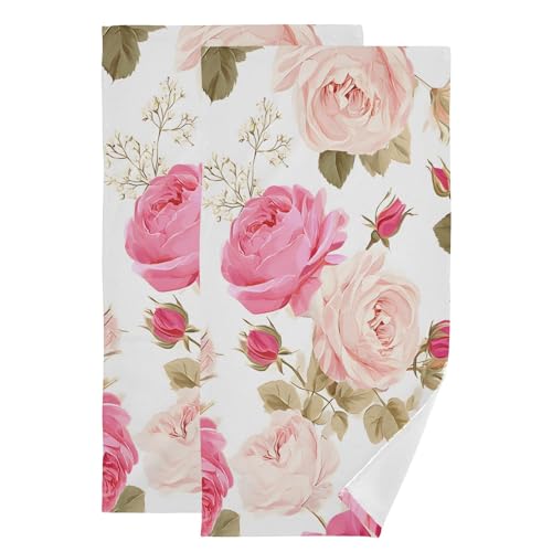 susiyo Beautiful Floral Pink Roses Hand Towels Set of 2 Luxury Print Decorative Bathroom Towels Super Soft Highly Absorbent Multipurpose Towels for Yoga Gym Spa Hotel Bathroom Kitchen 28x14 Inch