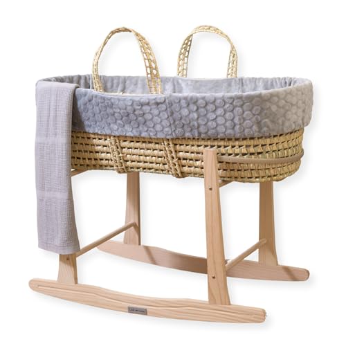 Clair De Lune | Dimple Grey Wicker Moses Basket & Grey Deluxe Rocking Stand | Moses Basket Bundle | Pink