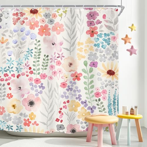 "Floral Flower Cute Colorful Extra Long Plants Bathroom Shower Curtain Set - 72""W x 78""H Botanical Pink waterproof HD print, quick-dry fabric with 12 hooks for easy hanging."