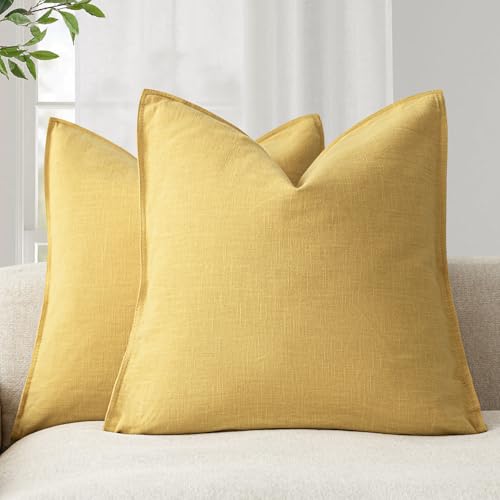 Foindtower Pack of 2, Decorative Linen Soild Throw Pillow Covers Soft Accent Euro Cushion Case Farmhouse Neutral Pillowcase for Chair Couch Sofa Bed Living Room Home Decor 20 x 20 Inch Ginger Yellow