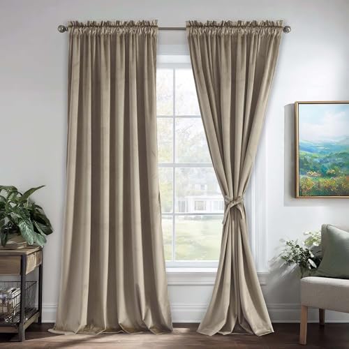 JIUZHEN Taupe Velvet Blackout Curtains 108 inches Long Room Darkening Super Soft Luxury Rod Pocket Window Drapes for Bedroom/Nursery, Set of 2, 52 x 108 inches, Taupe