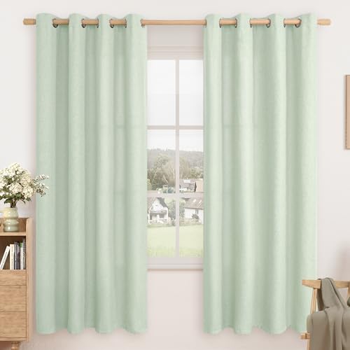 LAMIT Thermal Linen Curtains for Living Room, 72 Inch Linen Textured Light Reducing Curtains Grommet Privacy Boho Panels for Bedroom/Farmhouse, Set of 2 Panels, W52 x L72, Light Green