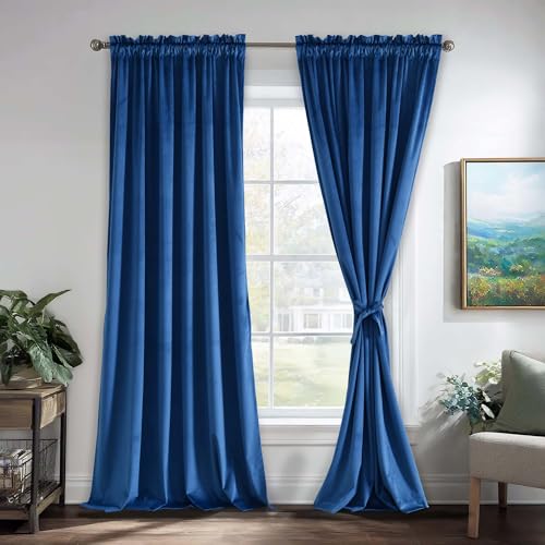 JIUZHEN Blue Velvet Curtains 96 inch Length Blue Blackout Curtains Thermal Insulated & Noise Reducing Rod Pocket Window Drapes for Living Room/Room Deco, 2 Panels, 52W x 96L