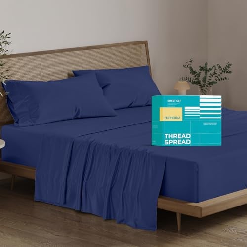 "THREAD SPREAD 100% Egyptian Cotton Sheets California King Size - 800 Thread Count 4 PC Luxury Cal King Sheets, 16"" Deep Pocket Hotel Sheets, Sateen Weave, Extra Soft Cooling Bed Sheet Set - Navy Blue"