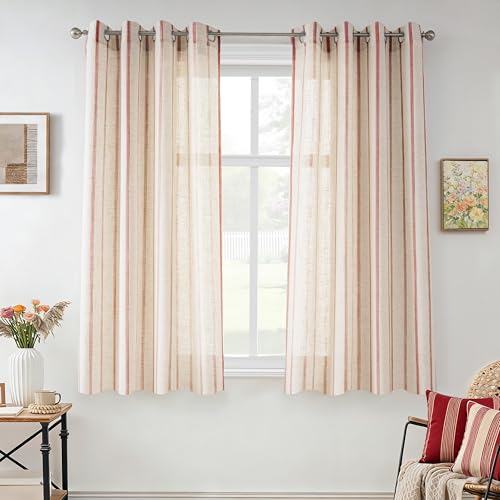 DriftAway Farmhouse Curtains for Living Room Vertical Striped Linen Curtains Semi Sheer Light Filtering Grommet Window Treatments, 54 Inches Long, 2 Panels, Pinstripe Red on Beige