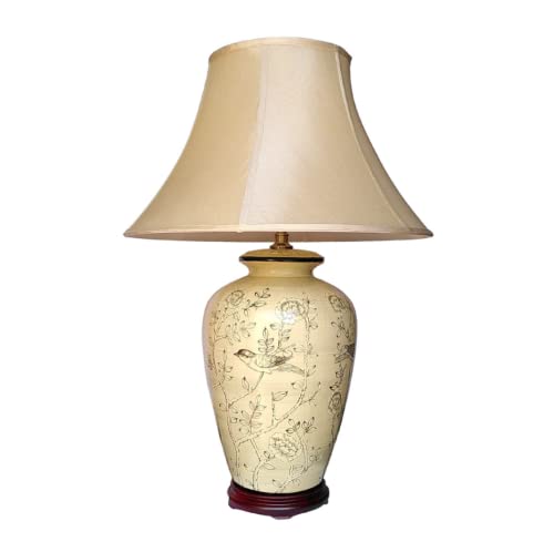 DOWNTON INTERIORS UK Large Oriental Ceramic Table Lamp with Porcelain Base and Faux Silk Shade. Traditional Cream Birds and Blossoms Design (M8771) - Chinese Mandarin Style