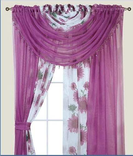 "YHSF Laura Collection Complete Window Sheer Voile Curtain Panel Set with 4 Attached Panels 55??? x 84"" Valances with Beads and 2 Tiebacks - Easy Installation - Multicolor (Purple Sunflower)"