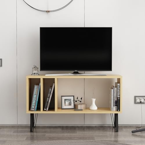 Hanah Home Stylish Wall-Mounted TV Stand, Oak & White, 90 x 25 x 53 cm, 100% Melamine Coated Particle Board, 18 mm Thick, Multiple Shelves for Modern Living Rooms