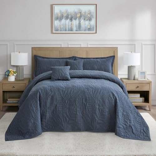 HZ & HY Oversized Queen Bedspread, Botanical, Navy - Generous Coverage, 5-Piece Quilt Set, Lightweight Reversible Coverlet, Stitched Leaf, Modern Botanical Look
