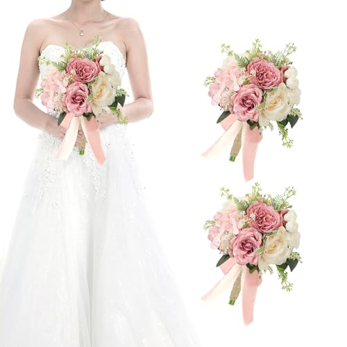 HOMENERGY Set of 2 Wedding Bridesmaid Bouquets - 7 Inch Artificial Flowers Bouquets for Ceremony Anniversary Centerpieces Decorations - Pink & White