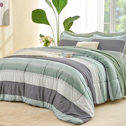 Andency King Size Comforter Set Sage Green - 7 Pieces Green Striped Bed in a Bag, Soft Lightweight All Season Colorblock Bedding Set with Comforter, Fitted & Flat Sheet, Pillowcases & Shams