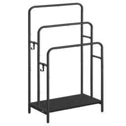 VASAGLE Freestanding Towel Rack, 3-Bar Towel Holder with 2 Hooks, 50 x 30 x 100 cm, Storage Shelf, for Bath Towels, Ink Black and Ebony Black LLS009B01