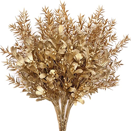 CATTREE Gold Decorations Artificial Plants, Golden Berry Leaves Fake Simulation Spiky Leaf Grass Plastic Faux Shrubs Bushes Ornaments Home Indoor Outdoor Wedding Decor Hall Table Planter Filler 4 Pack