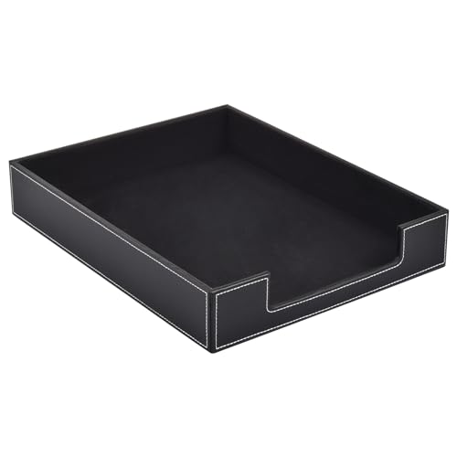 PU Leather 1-Layer Stackable Office File Document Tray Case Rack Paper Letter Tray Desk File Document Organizer Holder (Black)