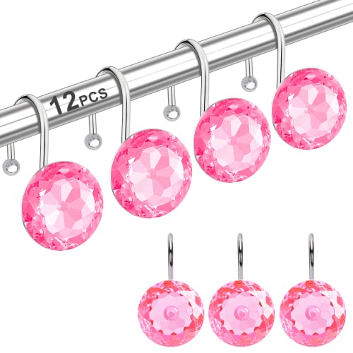 12PCS Stainless Steel Shower Curtain Hooks Rings for Bathroom, RustProof Metal Crystal Rhinestones Bling Shower Curtain Rings Hangers for Shower Curtains Decorative, Round Heavy Duty Hooks (Pink)