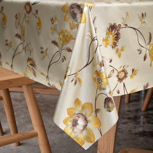 "FAVE Gold Tablecloths Vinyl Tablecloth for Kitchen Dining Table Wipeable PVC Tablecloth Cover for Rectangle Table (Tagetes, 55""x78"")"
