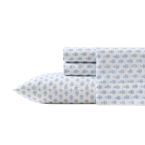 Laura Ashley - Twin Sheets, Cotton Percale Bedding Set, Lightweight & Breathable Home Decor (Francesca Blue, Twin)