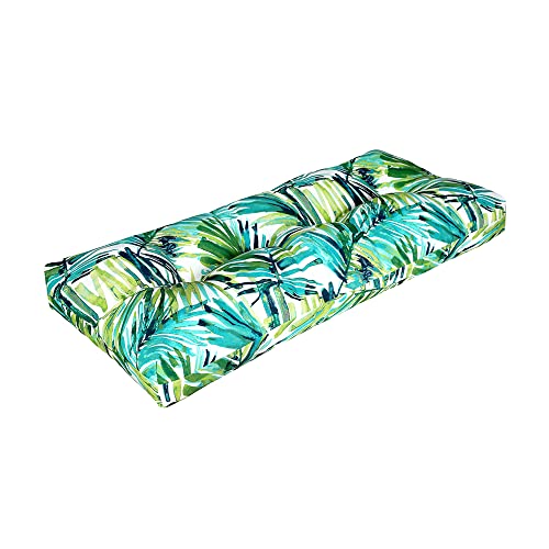 "Magpie Fabrics Indoor Outdoor Bench Cushion 45""x18"", Non-Slip Tufted Long Seat Pads, Patio Loveseat Cushion for Window, Garden, Swing, Settee - Green Palm Leaves"