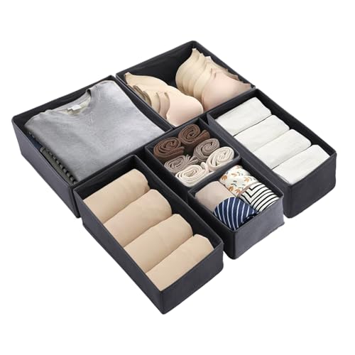 ASelected 6Pcs Drawer Organisers Grey Wardrobe Storage Organiser Foldable Storage Box for Bras Socks Underwear Ties Scarves Cosmetics