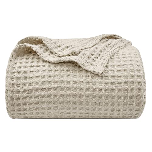 "PHF Ultra Soft Waffle Weave Blanket King Size 104""x 90""- Washed Lightweight Breathable Cozy Woven Blanket for Bed - Aesthetic Decor for Couch Bedding Sofa Home Car - Light Khaki/Linen"