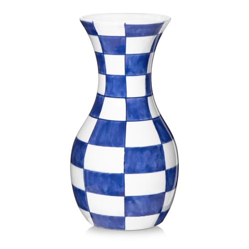 "Blue and White Ceramic Flower Vase 11"" Checkered Vase in Wide Mouth Plain - Hand-Painted Blue Check Plain, Triple-Fired Glazed Ceramic, Retro Chinoiserie Decor for Living Room Bookshelf Side Table"