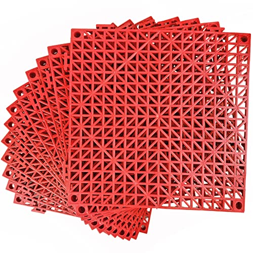 "MYFAMIREA Modular Interlocking Cushion 12 Pack 11.8"" x 11.8"" Rubber Floor Tiles Non-Slip Splicing Drainage Mats for Deck, Pool, Outdoor Shower, Patio, Balcony, Indoor Bathroom, Kitchen, Yard (Red)"
