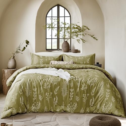 Kozyhvn Floral Comforter Set Full Olive Green, Cute Flower Bed in a Bag Full Boho 7 Pieces, Soft Fluffy Bedding Sets with Comforter, Sheets, Pillowcases & Shams, All Season