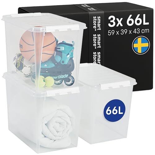SmartStore Storage Boxes with Lids - 3x 66L box - 59x39x43cm, white clips - Stackable plastic storage box with lid for garage & loft - big clear food-safe plastic boxes for shelves - crates, tubs, bins
