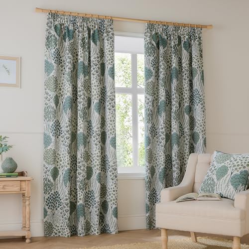 furn. Wylder Ophelia Room Darkening Pencil Pleat Curtain Pair – Bold Botanical Floral Jacquard Drapes (Thyme/Mineral - L 183 x W 117cm - 2 Pannels)