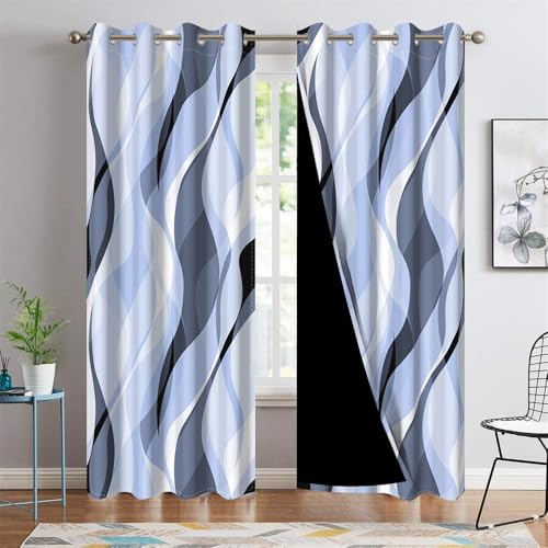 DORCEV Blue Wave Lines Blackout Curtains Abstract Art Aesthetic Gradient Blue Geometric Window Curtains Thermal Insulated Room Darkening Curtains Window Drapes Kitchen Decor,42x63 inch,2 Panels