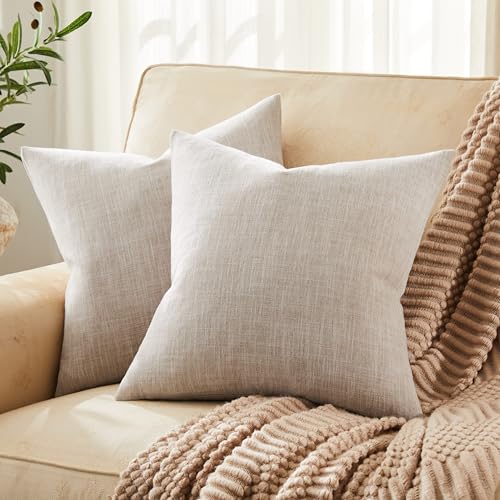 ZeeMart Rustic Linen Throw Pillow Covers Set of 2, Taupe 24x24in - Textured Pillow Case, Rustic Cotton Linen Fabric, Modern Farmhouse Cushion Covers for Sofa Bed Living Room Home Decor