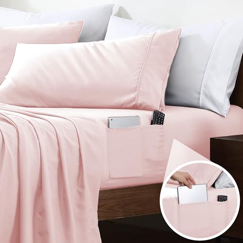 Swift Home Smart Sheets, Ultra Soft Brushed Microfiber 3-Piece Sheet Set, Fitted Bed Sheet with Side Storage Pockets – Blush, Twin XL