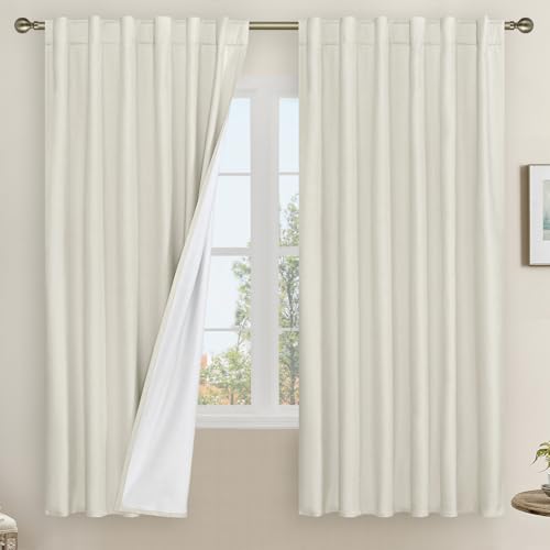 LAMIT 100% Blackout Natural Polyester Curtains, 68 Inches Linen Textured Thermal Bedroom Curtains Back Tab and Rod Pocket Neutral Panels with White Liner for Farmhouse, 2 Panels, 52 x 68 Inch, Ivory