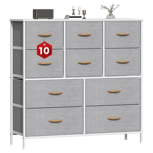 GoaHi Chest of Drawers, Large Dressers with Metal Frame and MDF Wooden Top Board, Adjustable Feet, Anti-Tip Safety, Storage Unit with 10 Drawers for Bedroom, Living Room, Closet, Office Light Gray