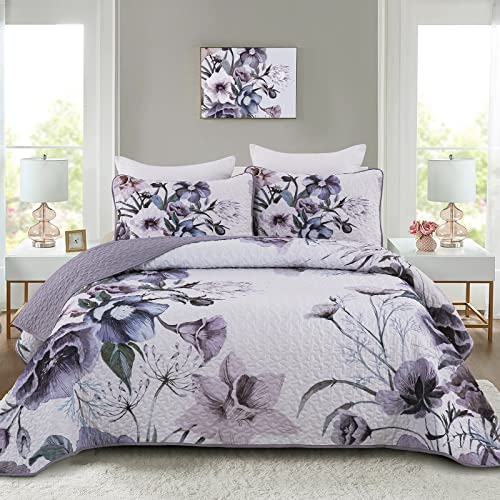 "Floral Quilt Set King 3 Pieces Boho Purple Quilt Coverlet Set Soft Microfiber Lightweight Purple Floral Quilted Bedspread for All Season 104""x90"""