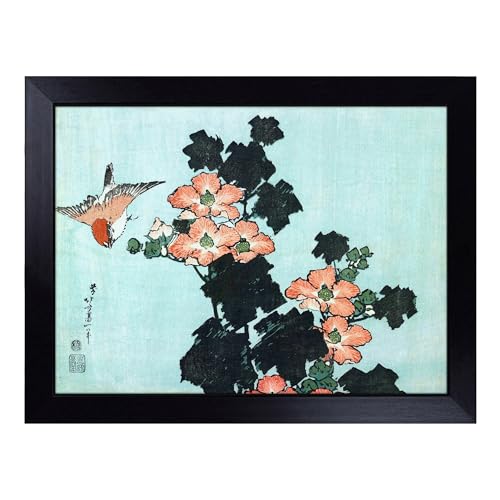 Lap Tray with Bean Bag Cushion, Hibiscus And Sparrow By Katsushika Hokusai - Handmade in the UK, Raised Wooden Edge, Padded Cushion, Heat-Resistant Wipe-Clean Surface, for Meals, Laptops and Crafts