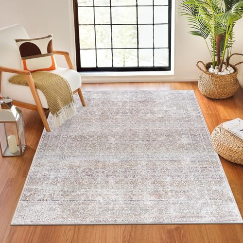 Livabliss x PNW Home's Jordyn Rainier Machine Washable Rug - Vintage Area Rugs Living Room, Large Rug 160x220 cm - Traditional Boho Style, Dining Room, Kitchen, Outdoor, Hallway - Brown, Camel