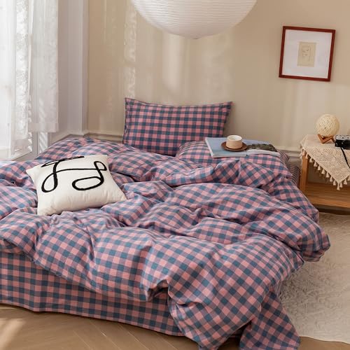 EAVD Gingham Comforter Set Twin XL Purple Pink Grid Plaid Comforter Set Soft Fluffy Grid Checkered Pattern Bedding Set with 2 Pillowcases Modern Farmhouse Gingham Bedding Set for All-Season
