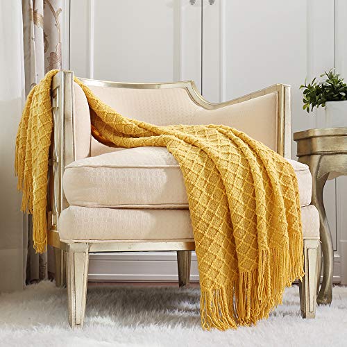 CREVENT Knitted Decorative Throw Blanket for Couch Sofa Chair Bed,Soft Warm Cozy Light Weight for Spring Summer (127cmX152cm Mustard Yellow)
