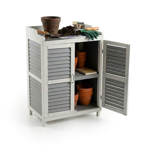 Relaxdays Potting Table with Storage Cabinet, Wood & Iron Worktop, 100x67x47 cm, Grey/White
