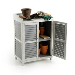 Relaxdays Potting Table with Storage Cabinet, Wood & Iron Worktop, 100x67x47 cm, Grey/White