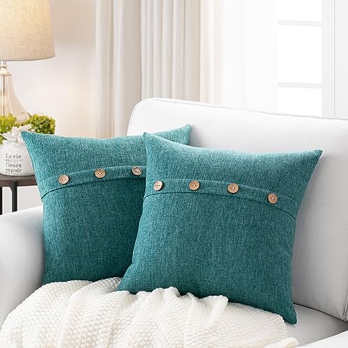 Meekio Set of 2 Teal Green Pillow Covers 18 x 18 Linen Pillow Covers with Coconut Buttons Farmhouse D??cor Housewarming Gifts