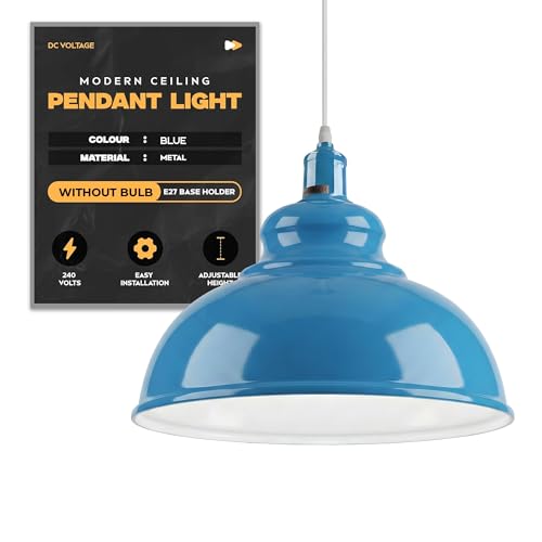 DC Voltage Modern Ceiling Pendant Light Blue Metal Lampshade Easy Fit E27 Base with Adjustable Cable Hanging Light Fitting for Kitchen Living Room Bedroom Restaurant Office Bar